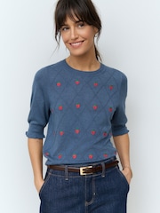 Blue Navy Strawberry Short Sleeve Crew Neck T-Shirt With Frill Edge Detail - Image 1 of 8
