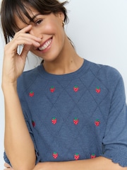 Blue Navy Strawberry Short Sleeve Crew Neck T-Shirt With Frill Edge Detail - Image 2 of 8