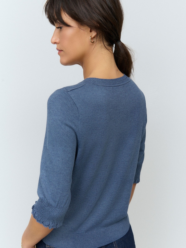 Blue Navy Strawberry Short Sleeve Crew Neck T-Shirt With Frill Edge Detail - Image 3 of 8