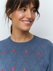 Blue Navy Strawberry Short Sleeve Crew Neck T-Shirt With Frill Edge Detail - Image 4 of 8