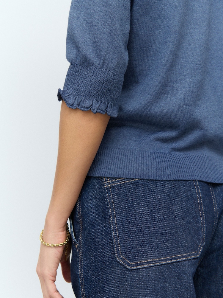 Blue Navy Strawberry Short Sleeve Crew Neck T-Shirt With Frill Edge Detail - Image 5 of 8