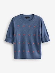 Blue Navy Strawberry Short Sleeve Crew Neck T-Shirt With Frill Edge Detail - Image 6 of 8