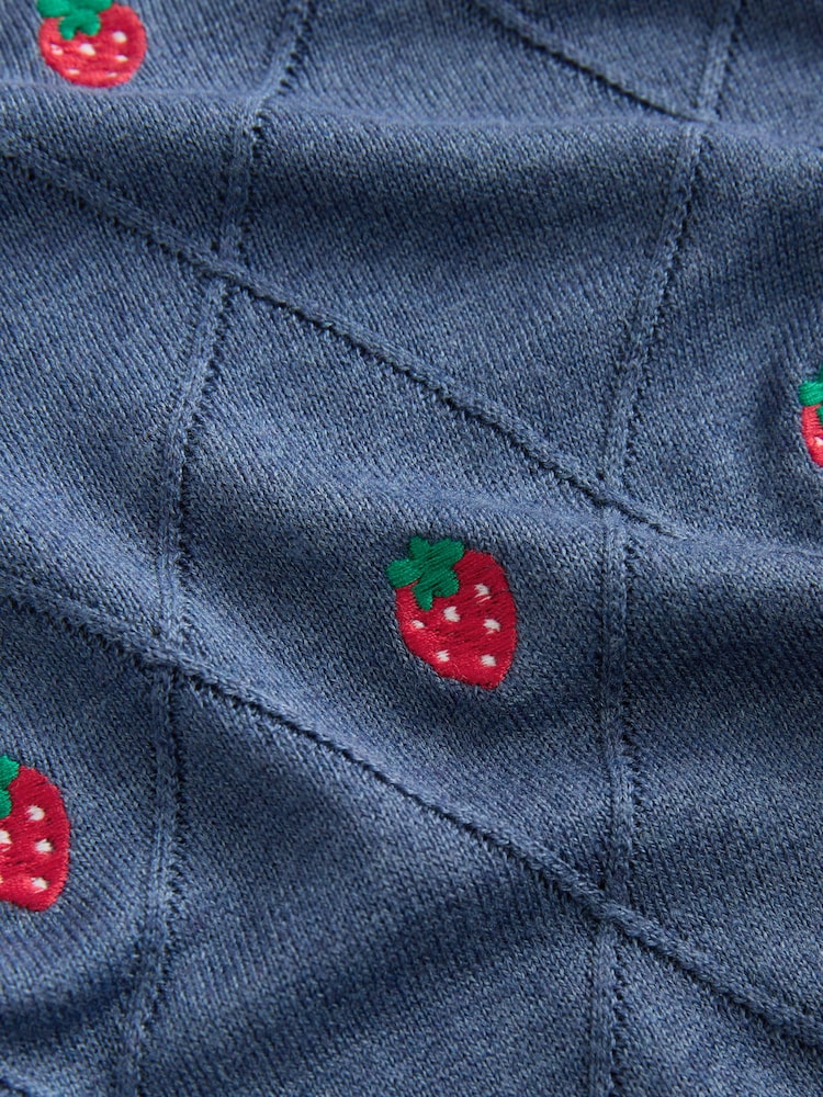 Blue Navy Strawberry Short Sleeve Crew Neck T-Shirt With Frill Edge Detail - Image 7 of 8