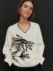 White Ecru 100% Cotton V-Neck Jumper - Image 1 of 5