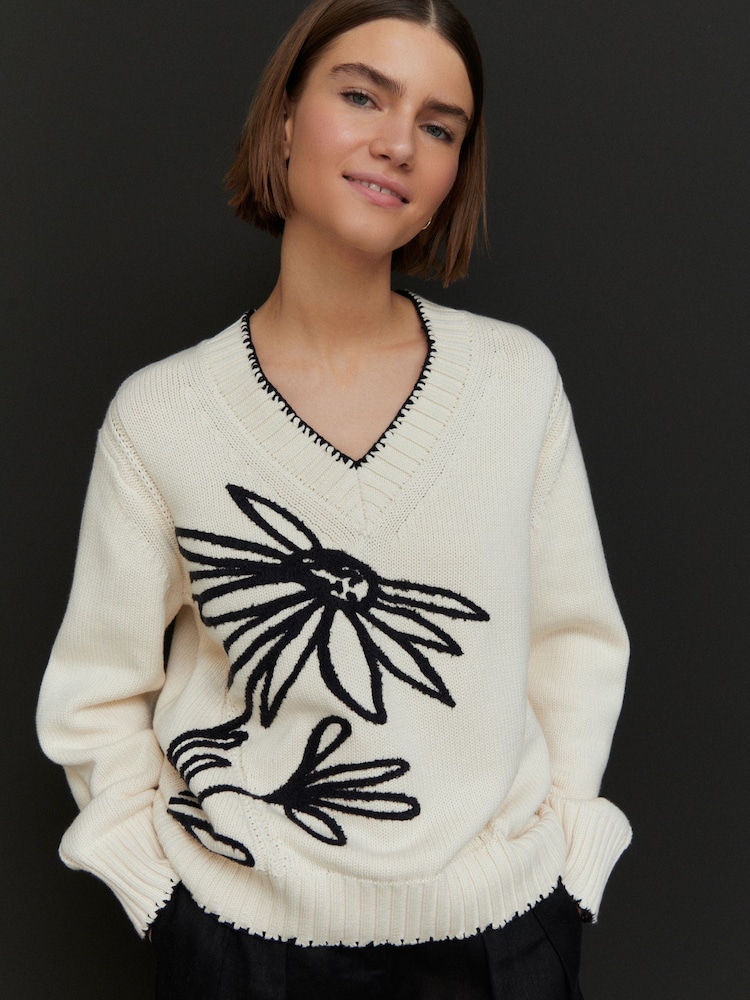 White Ecru 100% Cotton V-Neck Jumper - Image 1 of 5