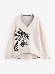 White Ecru 100% Cotton V-Neck Jumper - Image 3 of 5