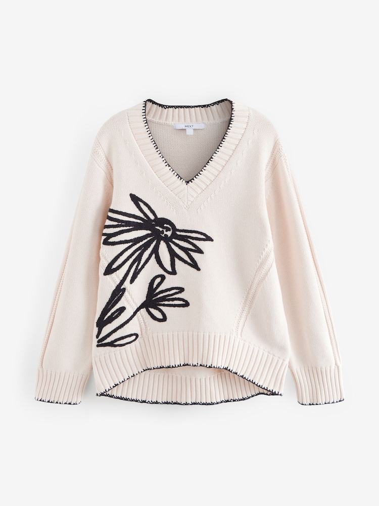 White Ecru 100% Cotton V-Neck Jumper - Image 3 of 5