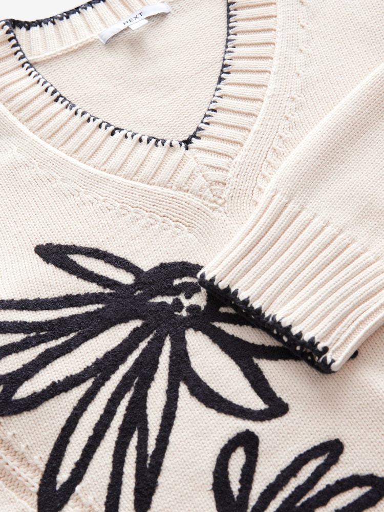 White Ecru 100% Cotton V-Neck Jumper - Image 4 of 5