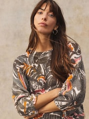Green Printed Palm Tree Half Sleeve Crew Neck Jumper with Wool - Image 1 of 8