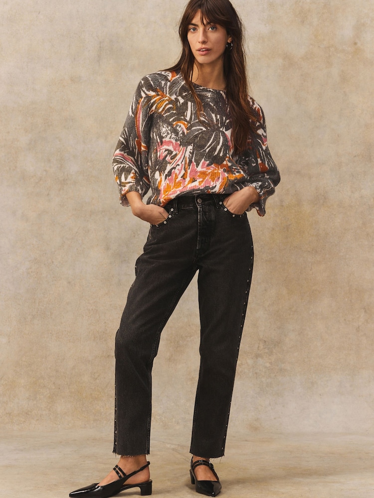 Green Printed Palm Tree Half Sleeve Crew Neck Jumper with Wool - Image 2 of 8