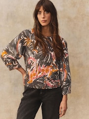 Green Printed Palm Tree Half Sleeve Crew Neck Jumper with Wool - Image 3 of 8
