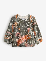 Green Printed Palm Tree Half Sleeve Crew Neck Jumper with Wool - Image 6 of 8