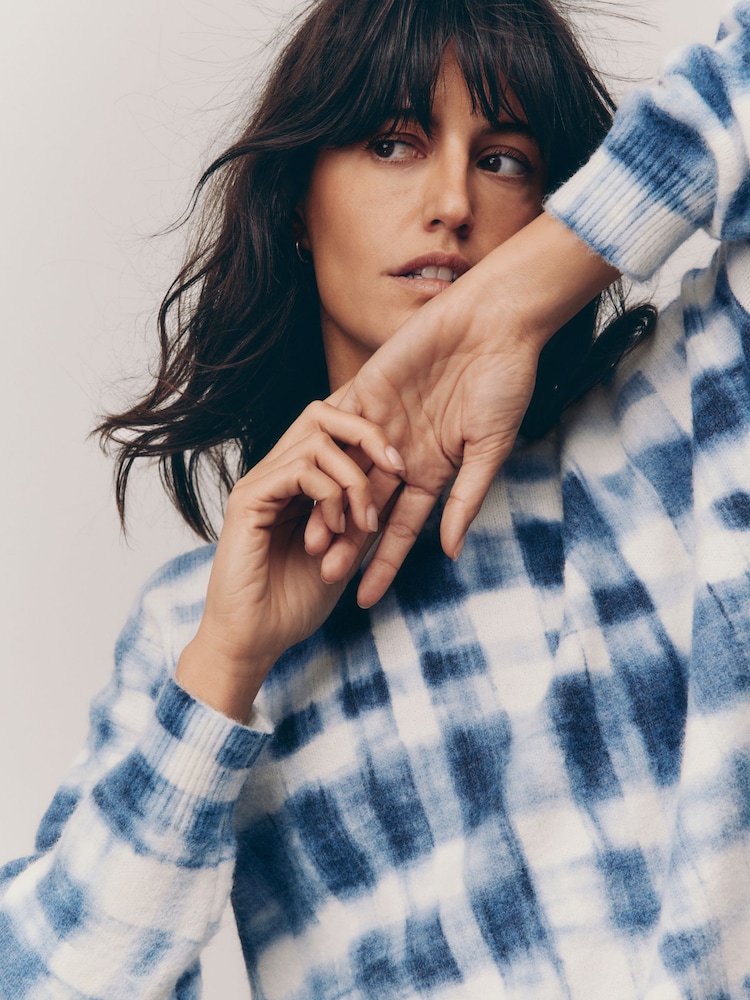 Blue Check Printed Crew Neck Jumper - Image 1 of 7