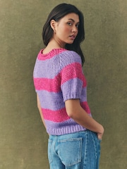 Pink Purple Stripe Striped Chunky Short Sleeve Knitted Top - Image 2 of 6