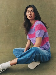 Pink Purple Stripe Striped Chunky Short Sleeve Knitted Top - Image 3 of 6