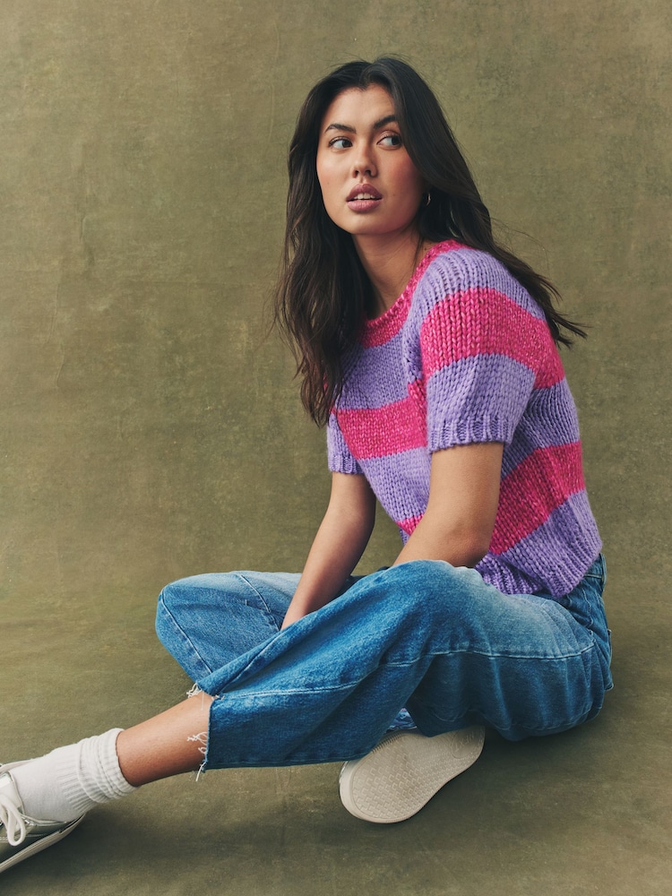 Pink Purple Stripe Striped Chunky Short Sleeve Knitted Top - Image 3 of 6