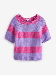 Pink Purple Stripe Striped Chunky Short Sleeve Knitted Top - Image 4 of 6
