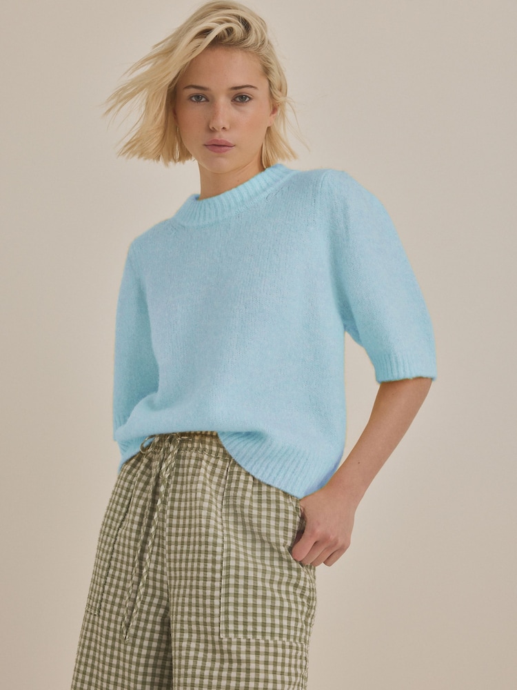 Blue Soft Touch Short Sleeve Knitted Jumper With Wool - Image 1 of 7