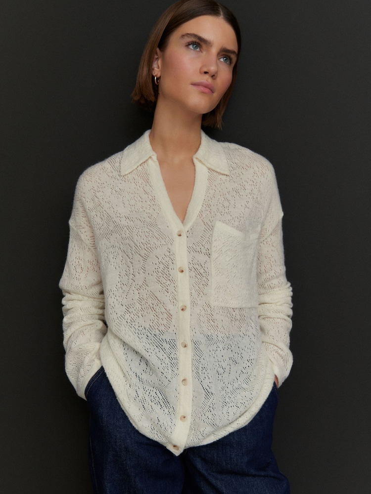 White/Ecru Button Up Open Stitch Collared Knitted Shirt Jumper - Image 1 of 7