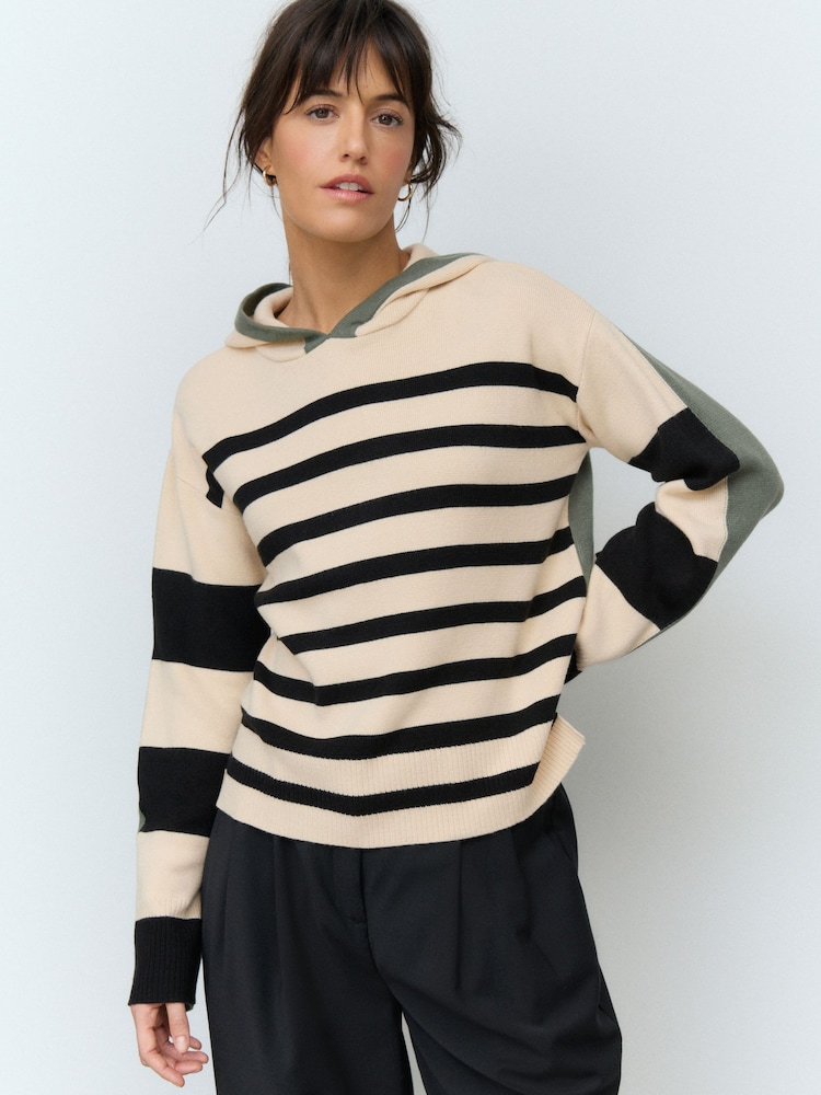 Neutral Black Stripe Cosy Soft Touch Knitted Jumper Hoodie - Image 2 of 12