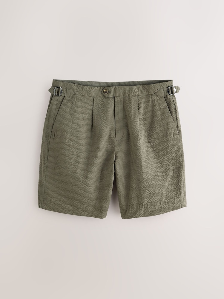 Sage Green Slim Fit Smart Seersucker Textured Shorts With Side Adjusters - Image 2 of 3