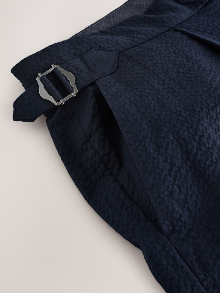 Navy Blue Slim Fit Smart Seersucker Textured Shorts With Side Adjusters - Image 3 of 3 Navy Blue Slim Fit Smart Seersucker Textured Shorts With Side Adjusters - Image 3 of 3