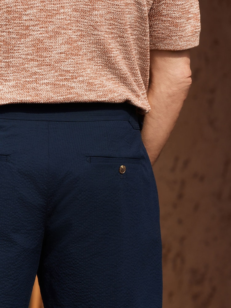 Navy Blue Slim Fit Smart Seersucker Textured Shorts With Side Adjusters - Image 6 of 6