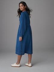 Mid Blue Tie Front Denim Midi Smock 100% Cotton Dress - Image 2 of 6