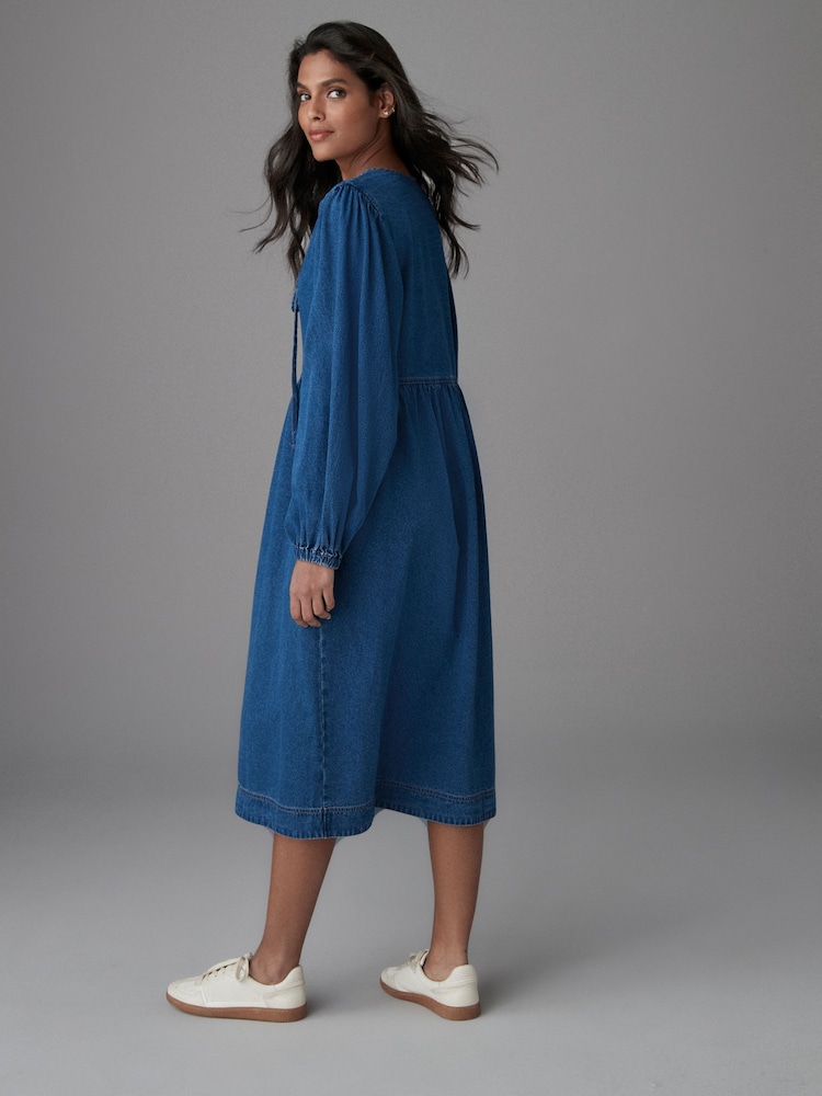 Mid Blue Tie Front Denim Midi Smock 100% Cotton Dress - Image 2 of 6