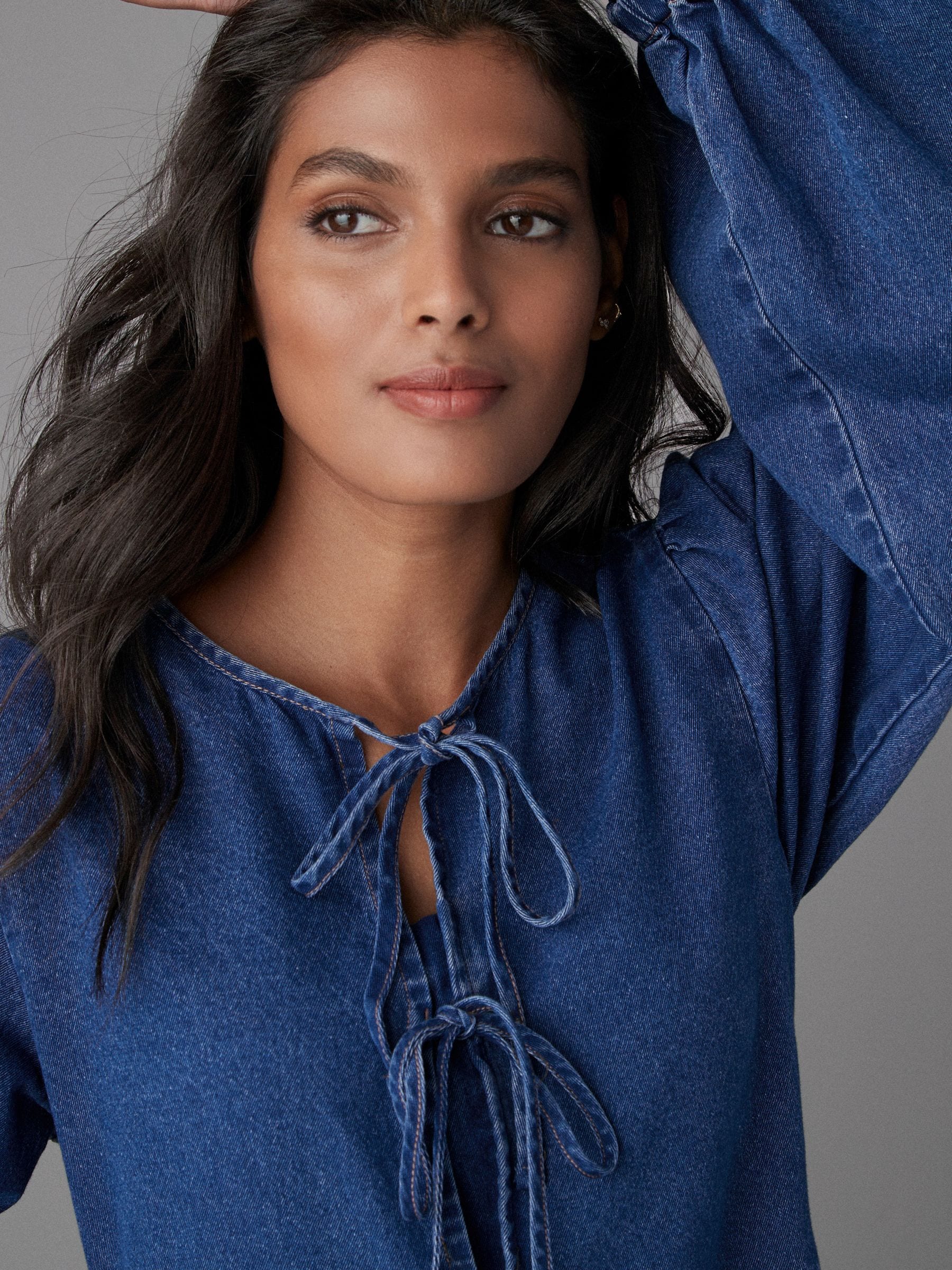 Buy Mid Blue Tie Front Denim Midi Smock 100% Cotton Dress from Next  Luxembourg