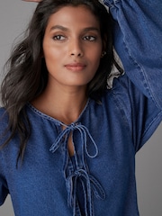 Mid Blue Tie Front Denim Midi Smock 100% Cotton Dress - Image 3 of 6