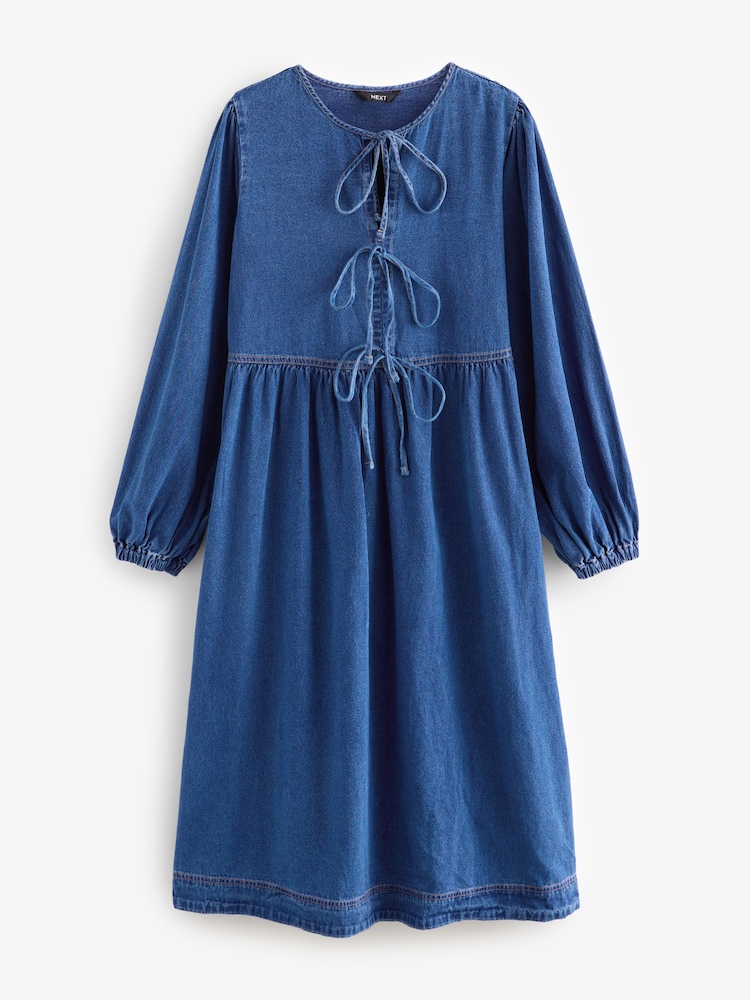 Buy Mid Blue Tie Front Denim Midi Smock 100% Cotton Dress from