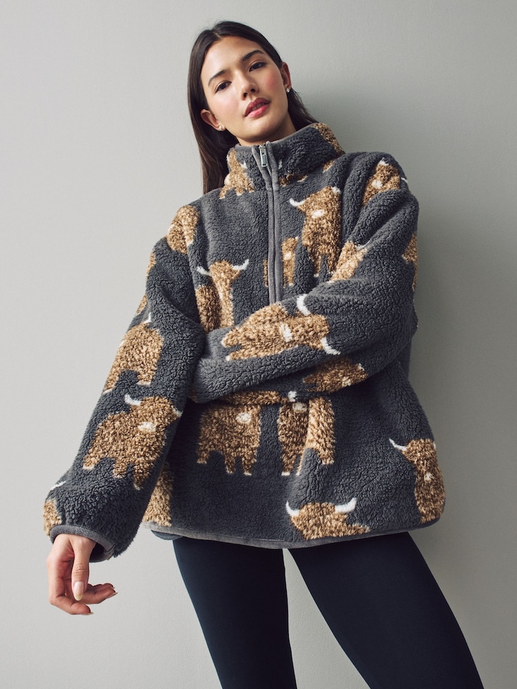 Charcoal Grey Hamish The Highland Cow Print Borg Half Zip Fleece - Image 1 of 6
