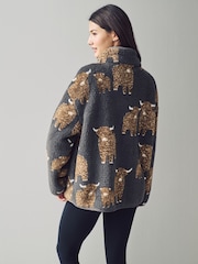 Charcoal Grey Hamish The Highland Cow Print Borg Half Zip Fleece - Image 3 of 6