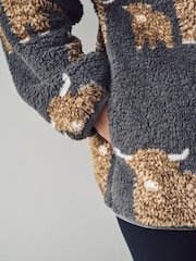 Charcoal Grey Hamish The Highland Cow Print Borg Half Zip Fleece - Image 6 of 6