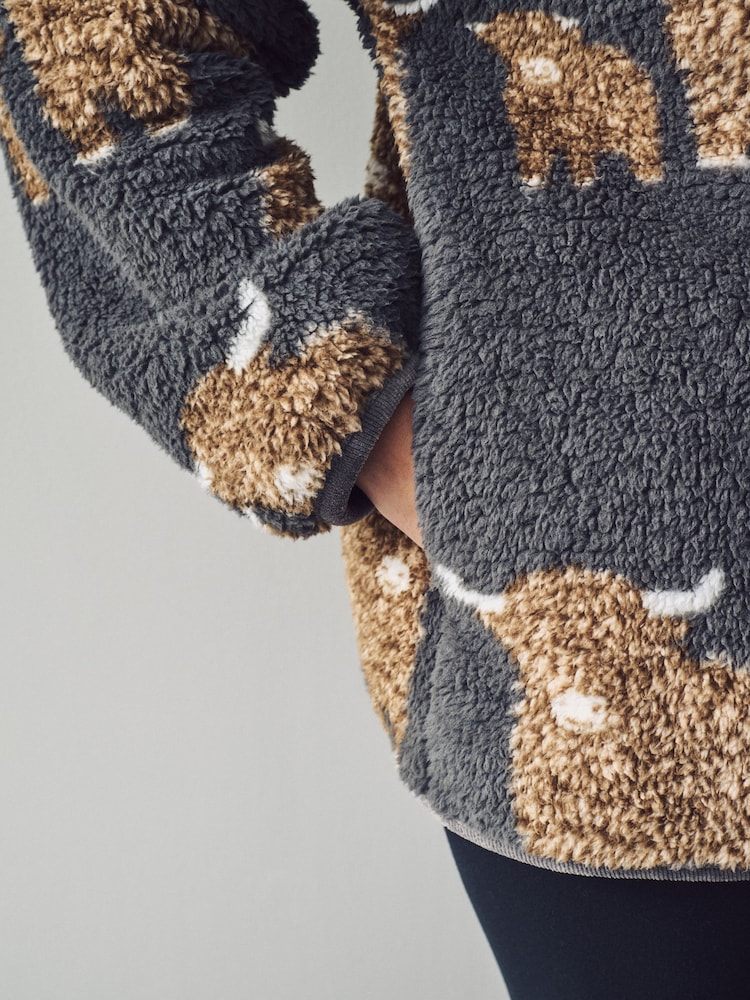 Charcoal Grey Hamish The Highland Cow Print Borg Half Zip Fleece - Image 6 of 6