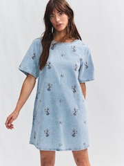 Bleach Fleuri brodé - Robe t-shirt 100% coton en jean à manches courtes - Image 1 de 9