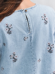 Bleach Fleuri brodé - Robe t-shirt 100% coton en jean à manches courtes - Image 5 de 9