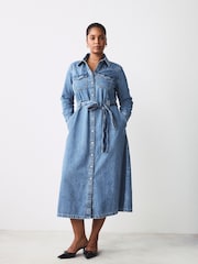 Mid Blue Fuller Bust Western Midi Denim Shirt Dress - Image 2 of 9