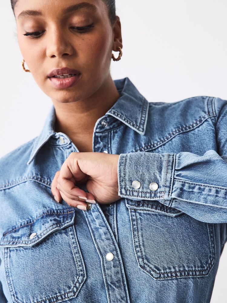 Bleu moyen - Robe chemise mi-longue en jean western à buste plus ample - Image 4 of 9