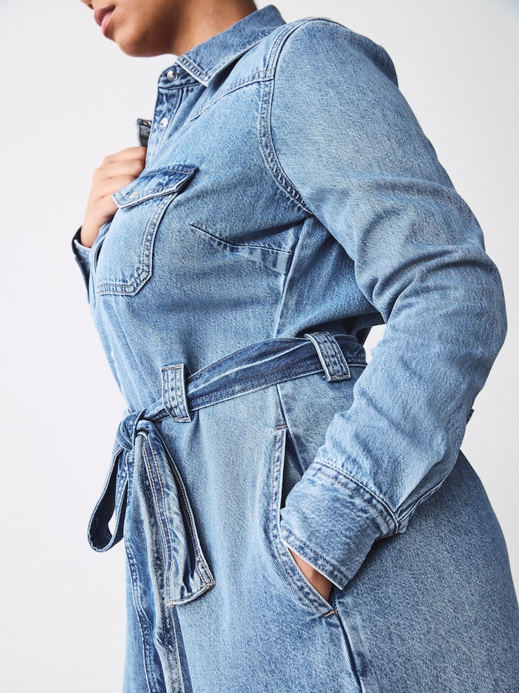 Bleu moyen - Robe chemise mi-longue en jean western à buste plus ample - Image 5 of 9