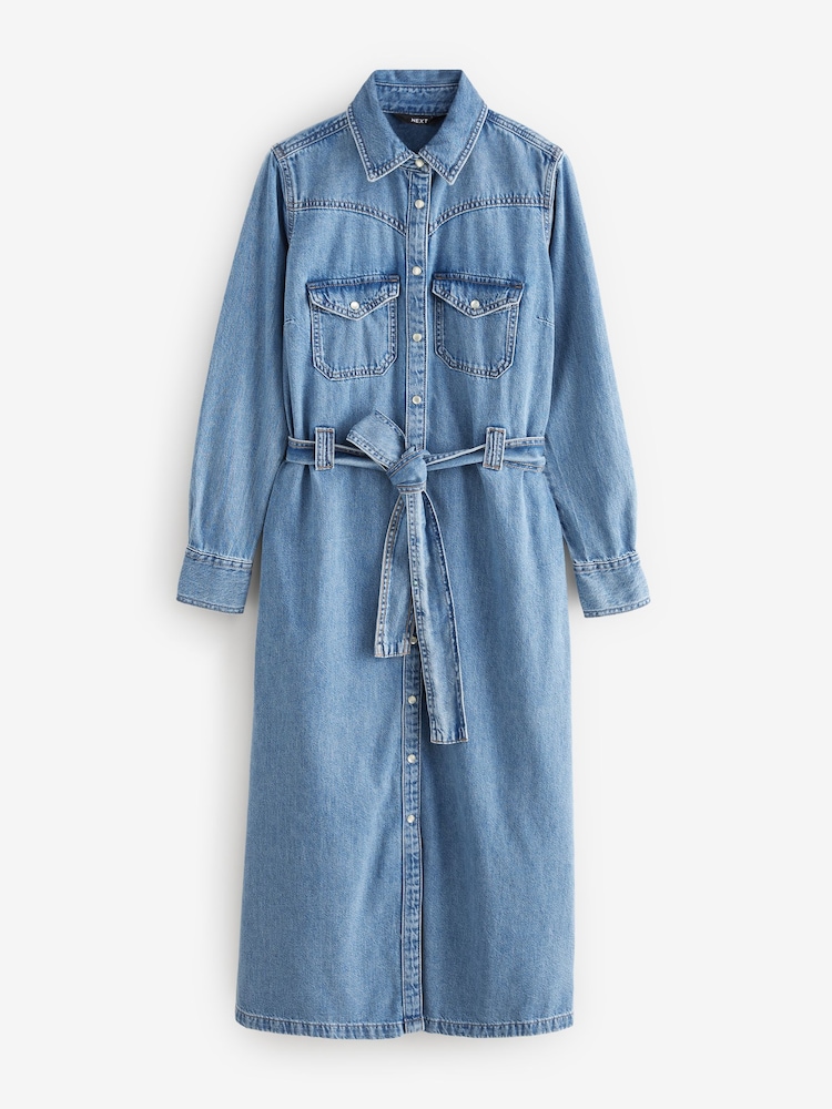 Bleu moyen - Robe chemise mi-longue en jean western à buste plus ample - Image 6 of 9