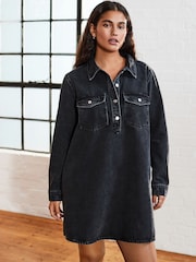 Schwarz - Half Placket Denim 100% Cotton Mini Dress - Bild 1 von 8