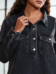 Schwarz - Half Placket Denim 100% Cotton Mini Dress - Bild 4 von 8