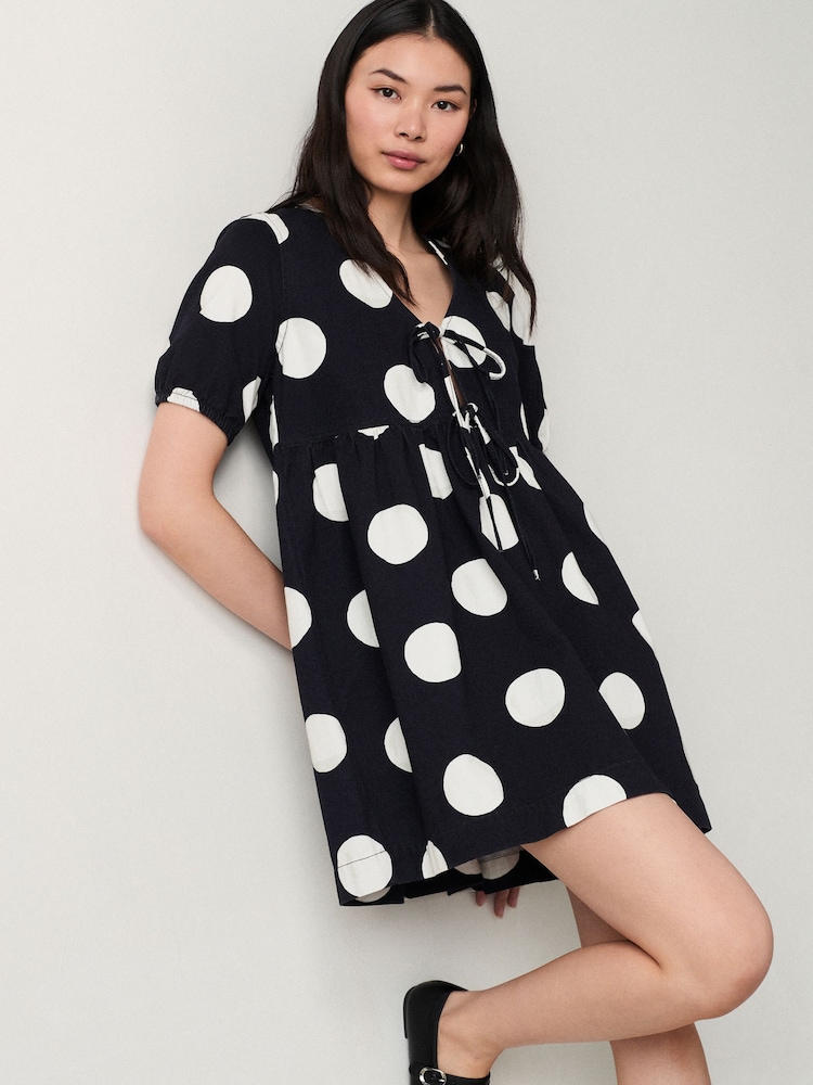 Polkadot 100% Cotton Tie Front Denim Dress - Image 1 of 7
