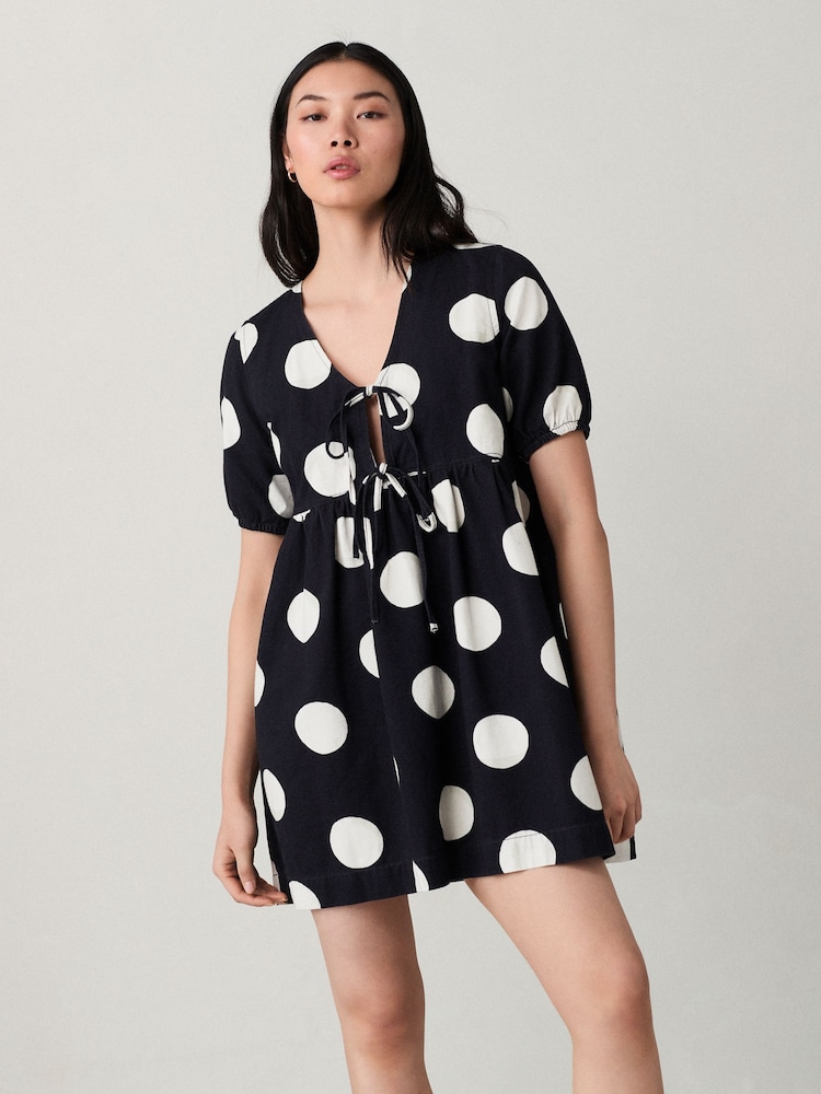Polkadot 100% Cotton Tie Front Denim Dress - Image 2 of 7