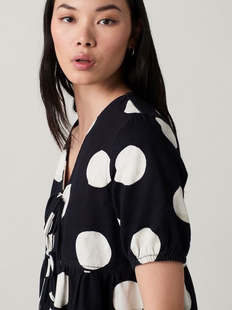 Polkadot 100% Cotton Tie Front Denim Mini Dress - Image 4 of 7