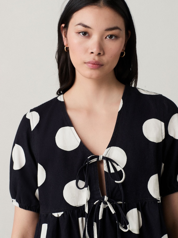 Polkadot 100% Cotton Tie Front Denim Mini Dress - Image 5 of 7