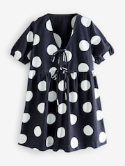 Polkadot 100% Cotton Tie Front Denim Dress - Image 6 of 7