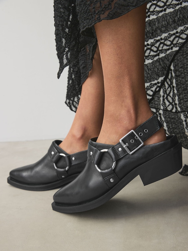 Black Standard Fit Forever Comfort® Leather Point Toe Hardware Western Cowboy Slingback Shoes - Image 2 of 8